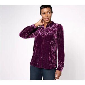 Encore by Idina Menzel Velvet Knit Button Front Shirt with Cuff Plum M A621134